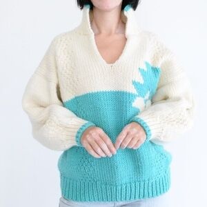 Cream & Aqua Colorblock Knit Sweater - Women